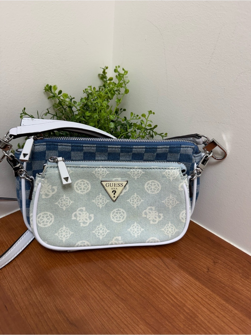 GUESS Blue & White Denim Crossbody Bag Set EUC for